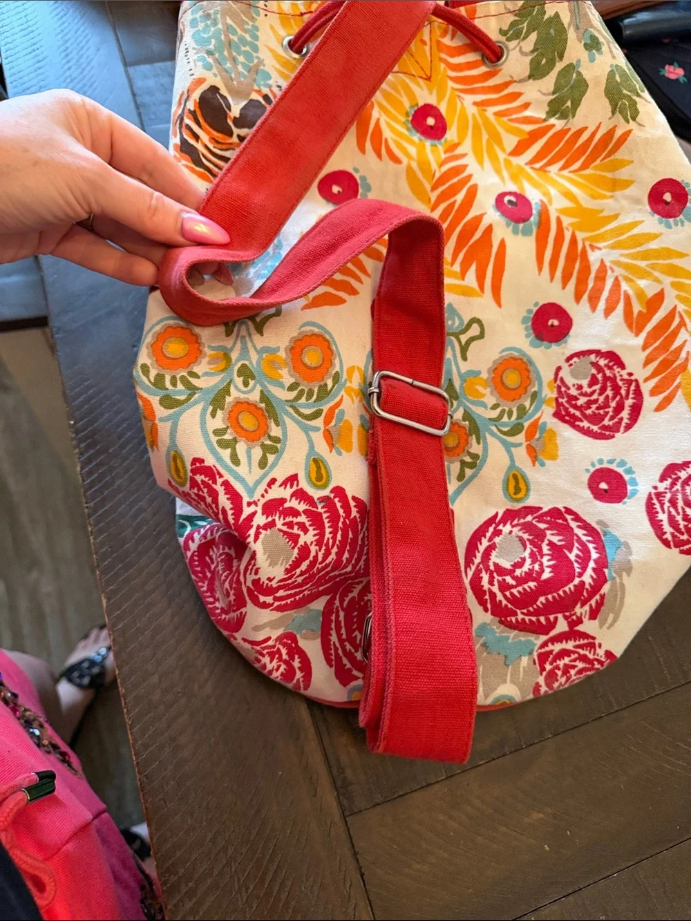 Floral Drawstring Backpack with Red Trim